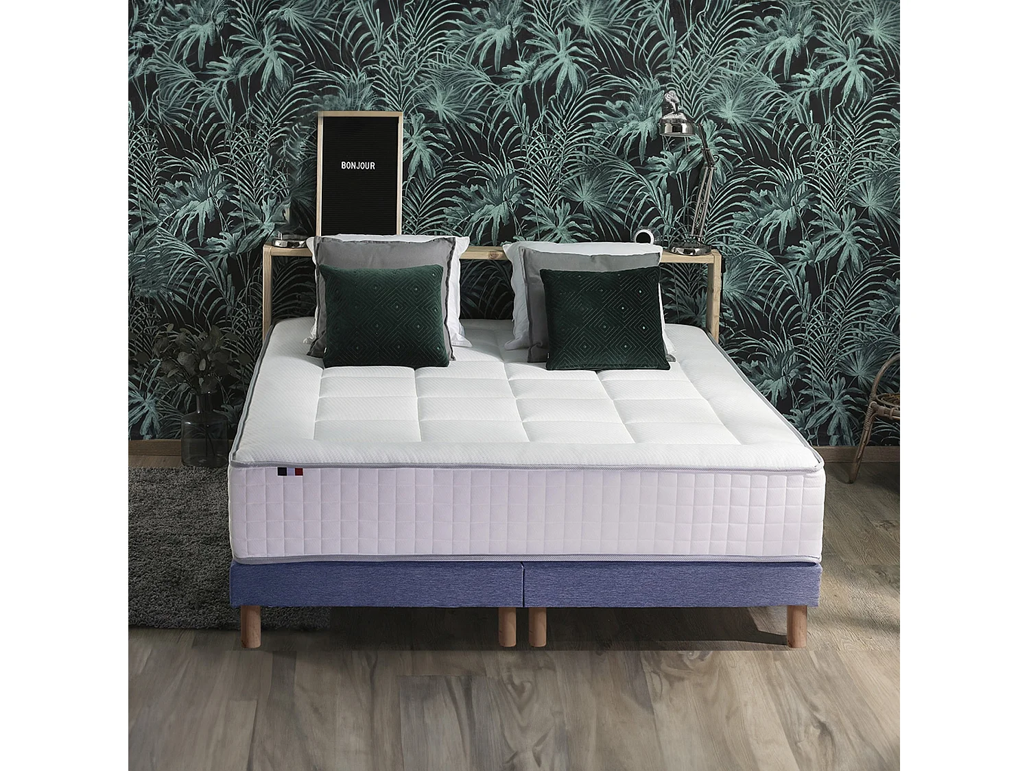 Ensemble matelas Ressorts 7 zones H28cm + sommier PALACIO 2 FABRICATION FRANCAISE Dimensions - 2x90 x 200 cm, Sommier - Bleu denim