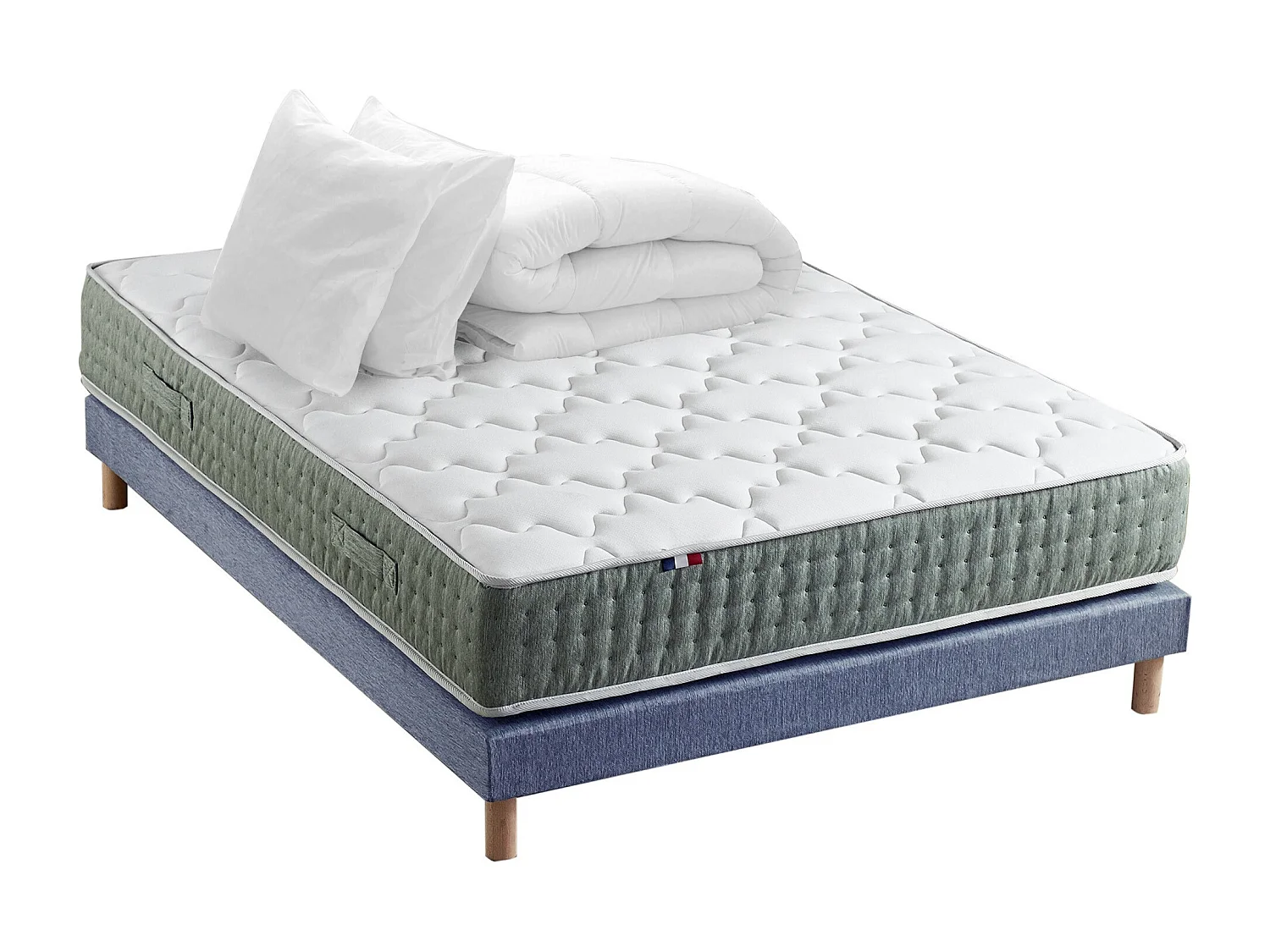 Ensemble matelas Ressort 7 zones HYGGE + Sommier + couette + oreillers Fabriqué en France Dimensions - 140 x 190 cm, Sommier - Bleu denim