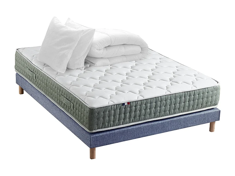 Ensemble matelas Ressort 7 zones HYGGE + Sommier + couette + oreillers Fabriqué en France Dimensions - 140 x 190 cm, Sommier - Bleu denim