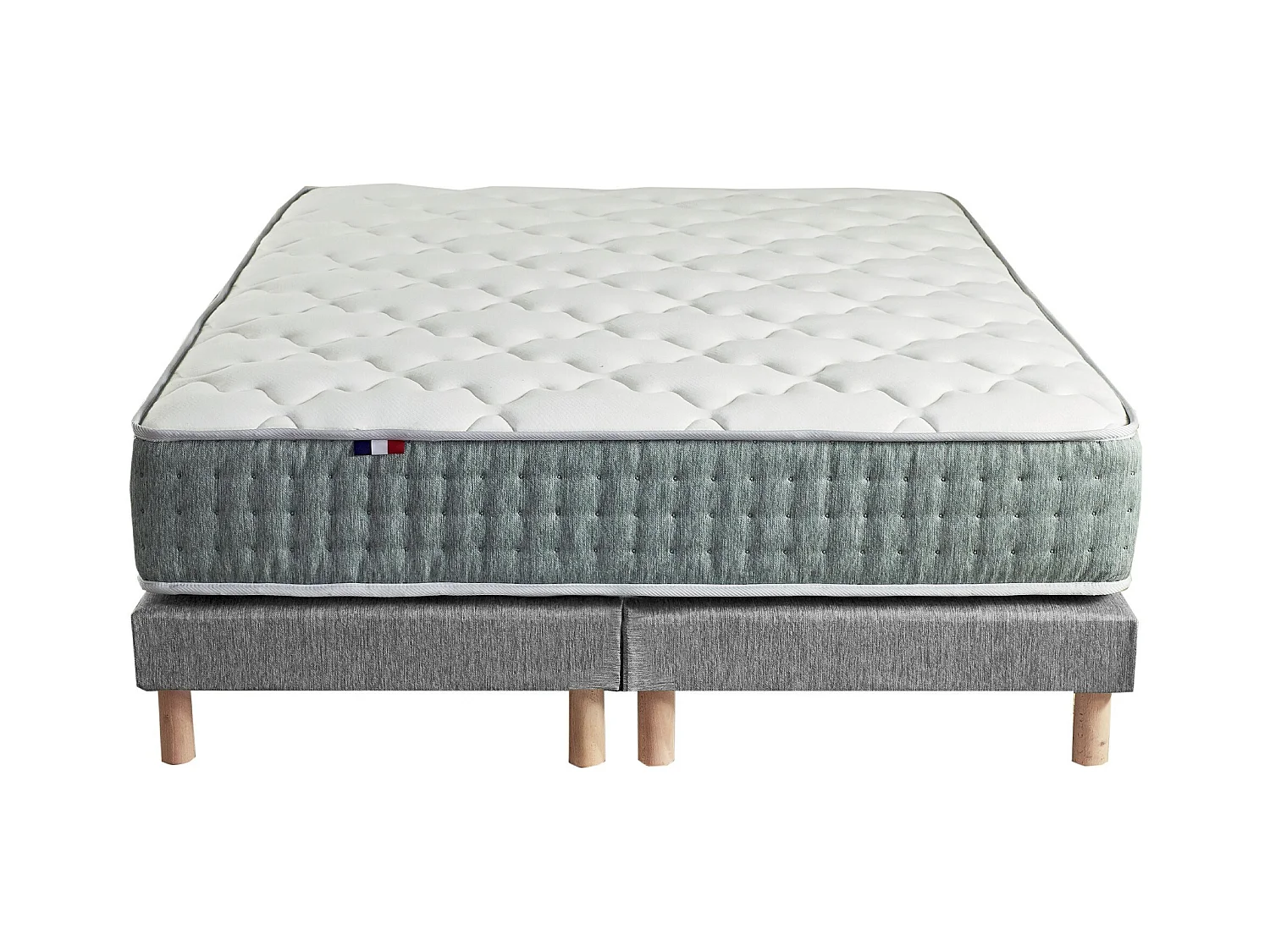 Ensemble + matelas Ressort 7 zones Face Hiver/Eté différente HYGGE Fabriqué en France Dimensions - 2x90 x 200 cm, Sommier - Gris chiné