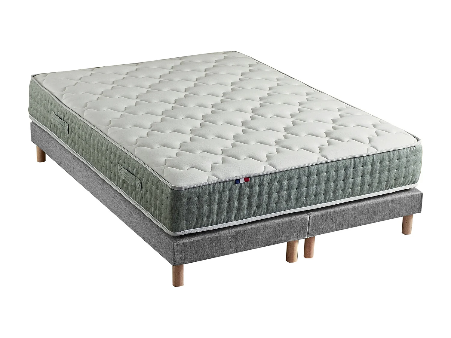 Ensemble + matelas Ressort 7 zones Face Hiver/Eté différente HYGGE Fabriqué en France Dimensions - 2x90 x 200 cm, Sommier - Gris chiné