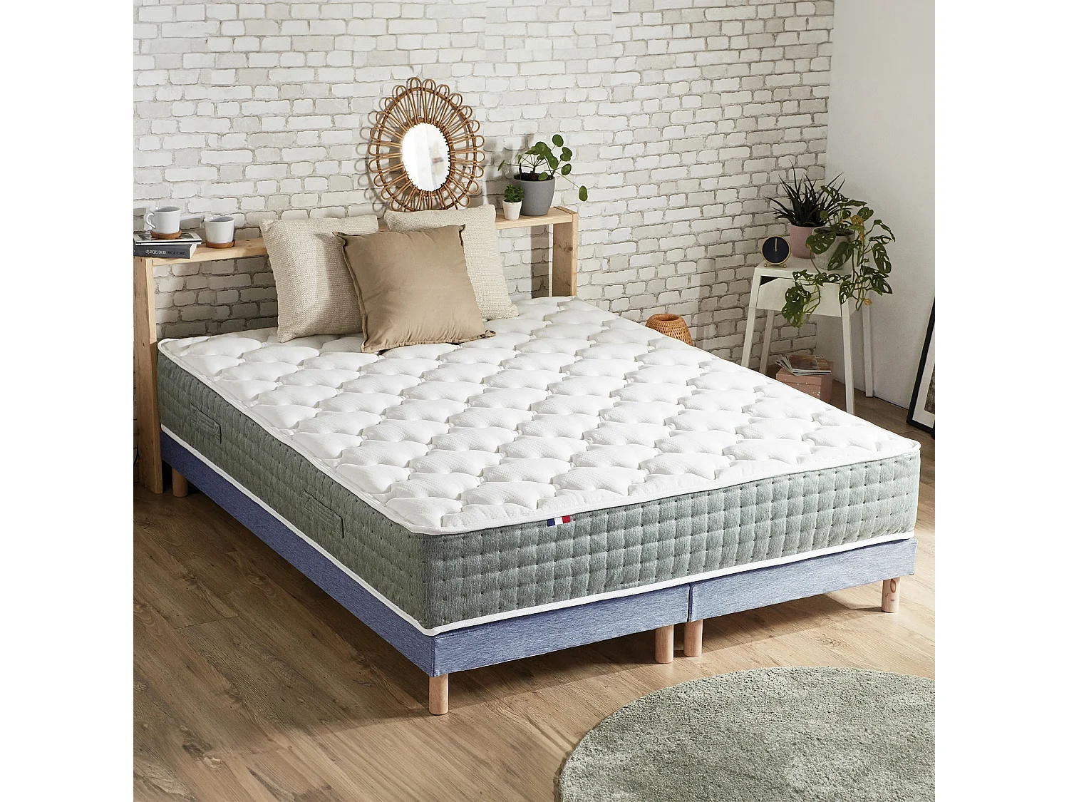 Ensemble matelas Ressort 7 zones HYGGE + Sommier + couette + oreillers Fabriqué en France Dimensions - 2x90 x 200 cm, Sommier - Bleu denim