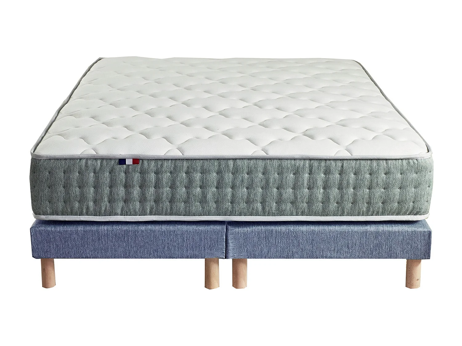Ensemble matelas Ressort 7 zones HYGGE + Sommier + couette + oreillers Fabriqué en France Dimensions - 2x90 x 200 cm, Sommier - Bleu denim