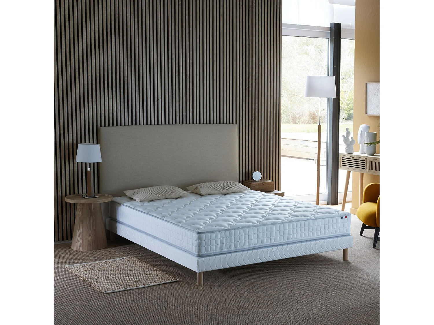 Pack ensemble matelas ressorts ASTRE, sommier, couette et oreillers Dimensions - 140 x 190 cm, Sommier - Blanc
