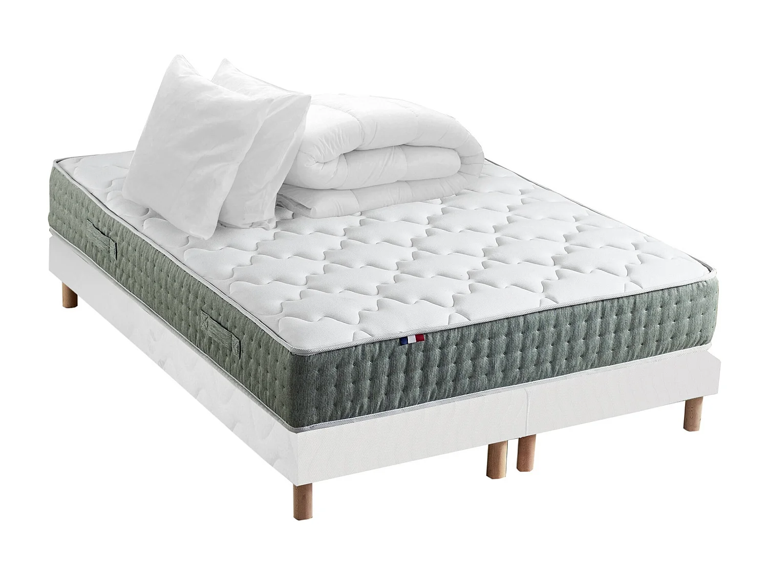 Ensemble matelas Ressort 7 zones HYGGE + Sommier + couette + oreillers Fabriqué en France Dimensions - 2x80 x 200 cm, Sommier - Blanc