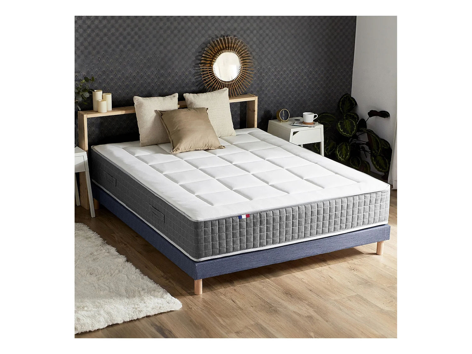 Ensemble Matelas Ressort 7 zones H.28cm + Sommier Fabriqué en France MAX Dimensions - 140 x 190 cm, Sommier - Bleu denim