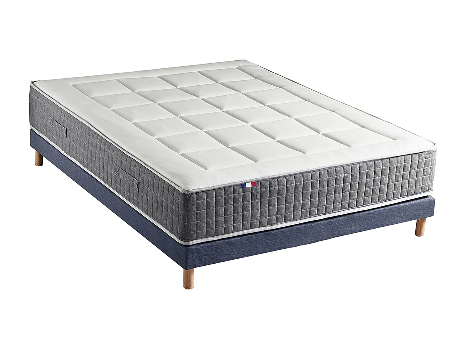 Ensemble Matelas Ressort 7 zones H.28cm + Sommier Fabriqué en France MAX Dimensions - 140 x 190 cm, Sommier - Bleu denim