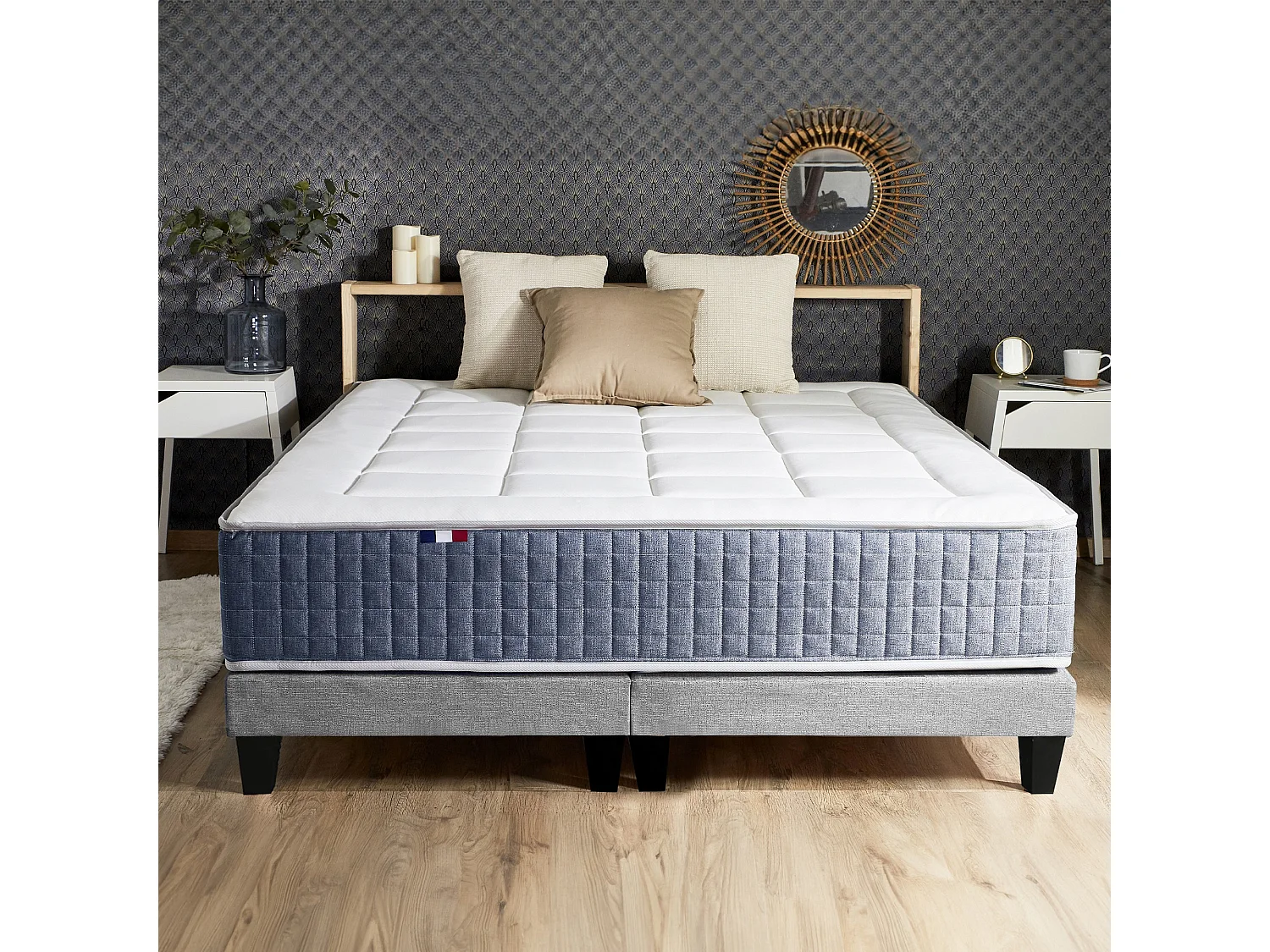 Ensemble Matelas Ressort 7 zones + Mémoire de forme + Sommier KING STYLE + couette + oreillers - Fabriqué en France Dimensions - 2x80 x 200 cm, Sommier - Gris chiné