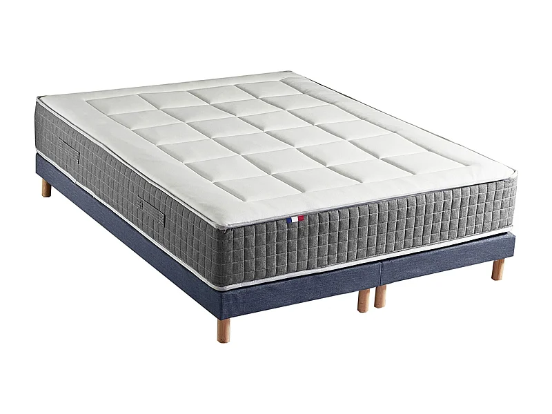 Ensemble Matelas Ressort 7 zones H.28cm + Sommier Fabriqué en France MAX Dimensions - 2x90 x 200 cm, Sommier - Bleu denim