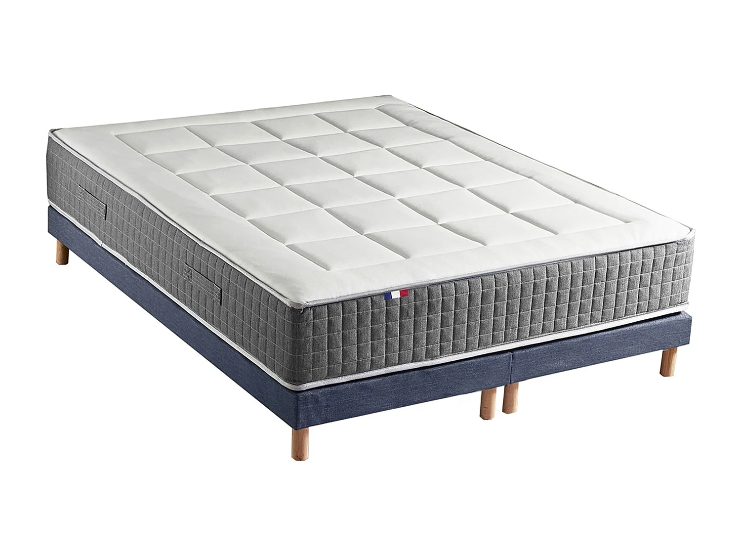 Ensemble Matelas Ressort 7 zones H.28cm + Sommier Fabriqué en France MAX Dimensions - 2x90 x 200 cm, Sommier - Bleu denim
