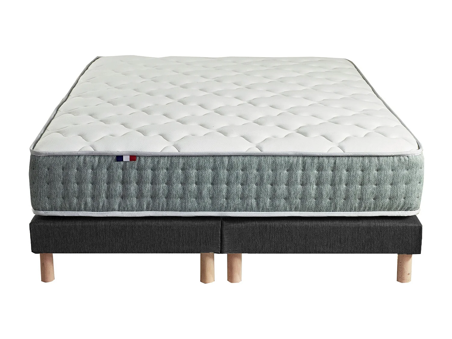 Ensemble matelas Ressort 7 zones HYGGE + Sommier + couette + oreillers Fabriqué en France Dimensions - 2x90 x 200 cm, Sommier - Noir