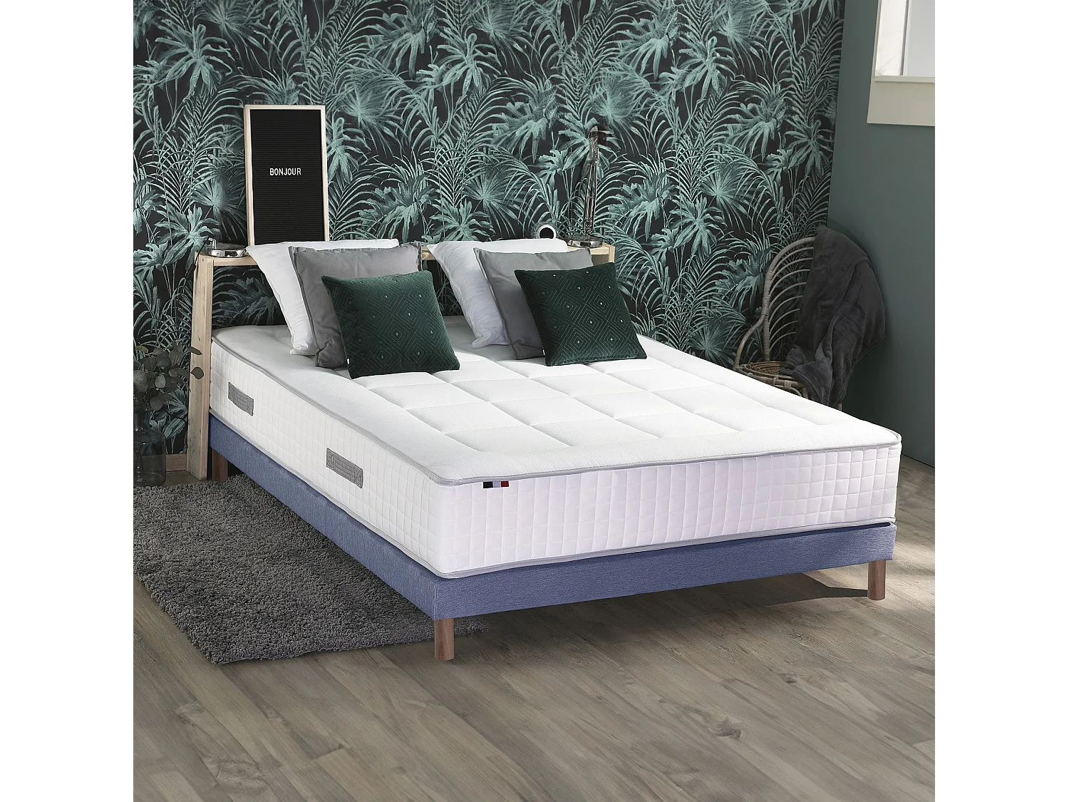 Ensemble matelas Ressorts 7 zones H28cm + sommier PALACIO 2 FABRICATION FRANCAISE Dimensions - 140 x 190 cm, Sommier - Bleu denim