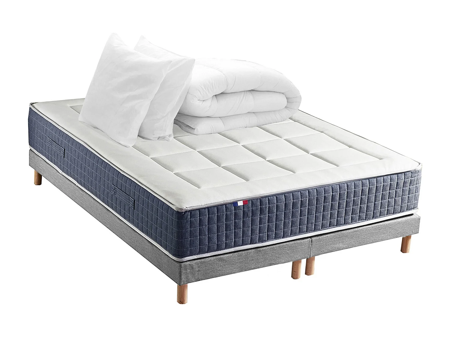 Ensemble matelas ressort 7 zones KING STYLE, mémoire de forme, sommier, couette, oreillers Dimensions - 2x80 x 200 cm, Sommier - Gris chiné