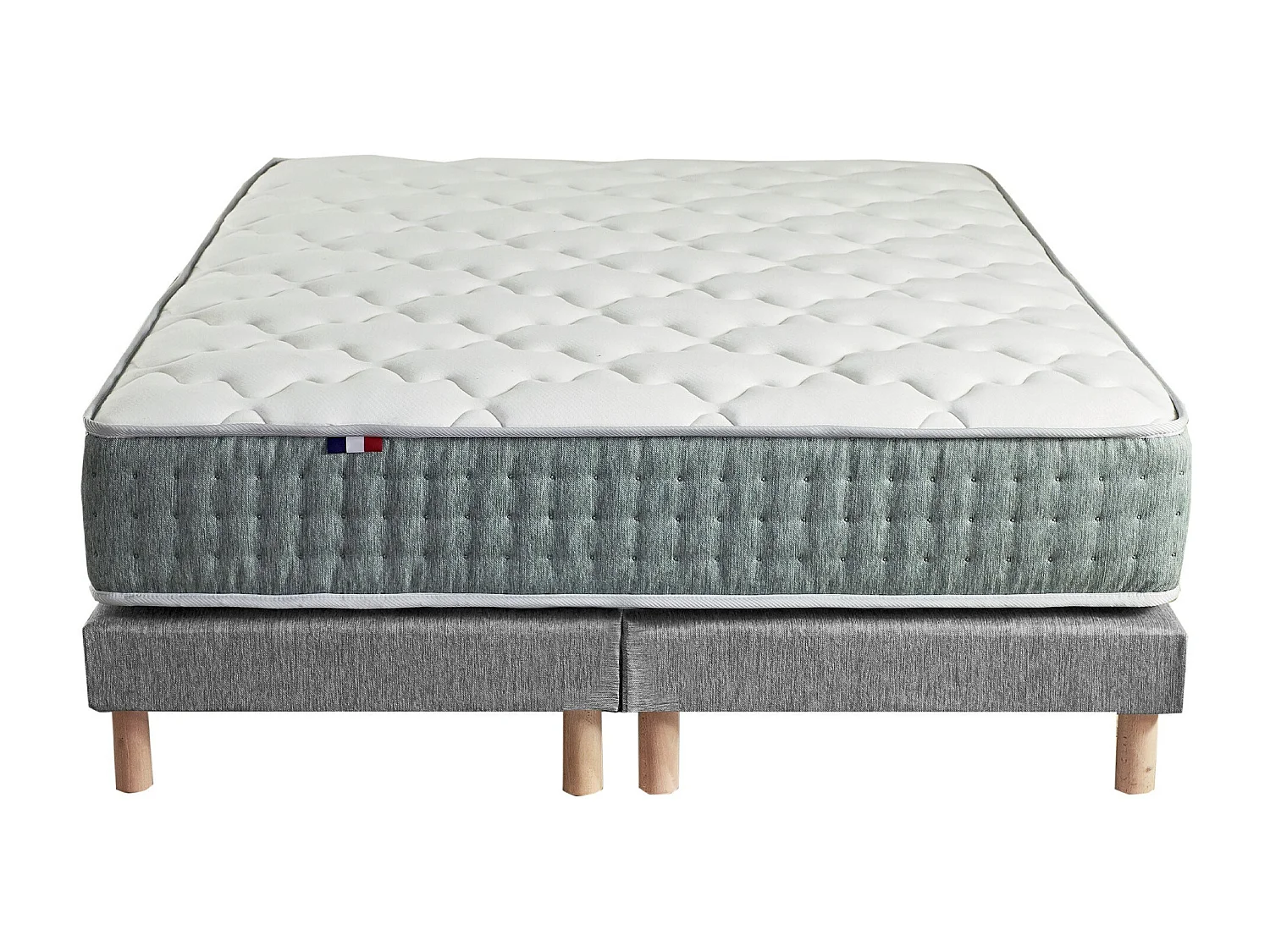 Ensemble matelas Ressort 7 zones HYGGE + Sommier + couette + oreillers Fabriqué en France Dimensions - 2x90 x 200 cm, Sommier - Gris chiné