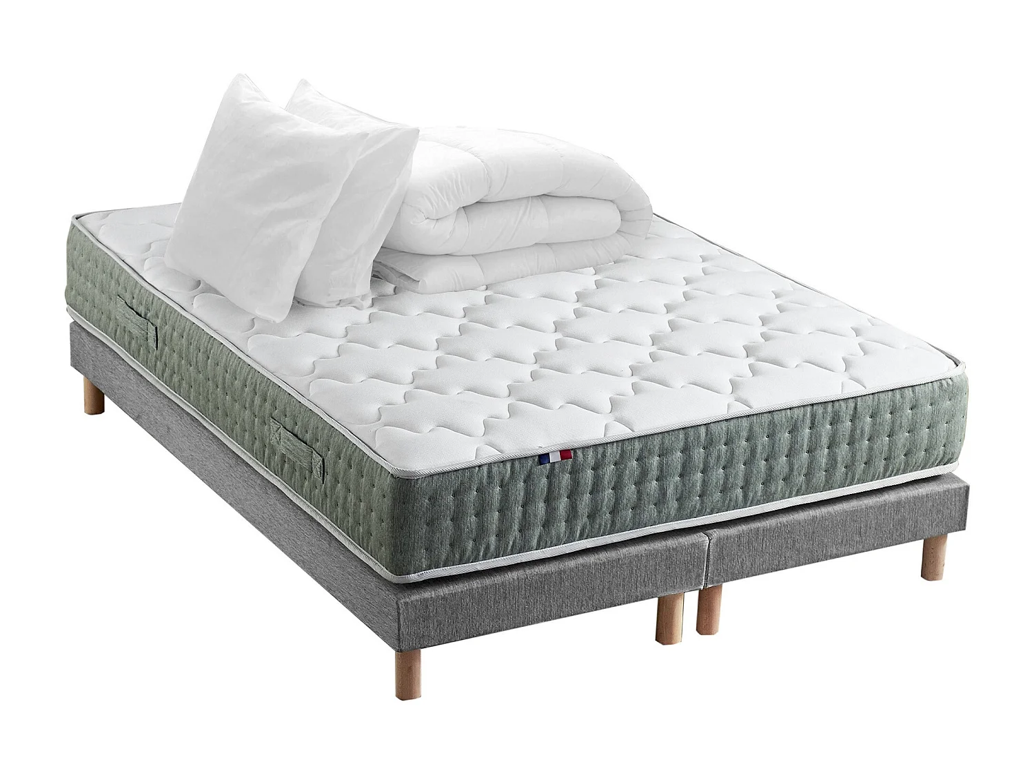 Ensemble matelas Ressort 7 zones HYGGE + Sommier + couette + oreillers Fabriqué en France Dimensions - 2x90 x 200 cm, Sommier - Gris chiné