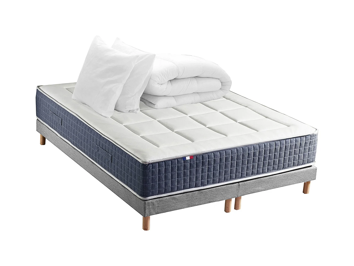 Ensemble matelas ressort 7 zones KING STYLE, mémoire de forme, sommier, couette, oreillers Dimensions - 2x90 x 200 cm, Sommier - Gris chiné