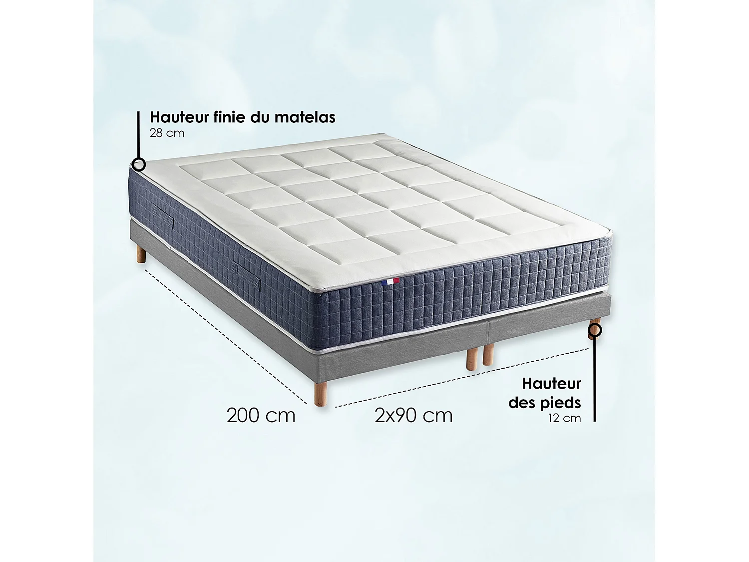 Ensemble matelas ressort 7 zones KING STYLE, mémoire de forme, sommier, couette, oreillers Dimensions - 2x90 x 200 cm, Sommier - Gris chiné