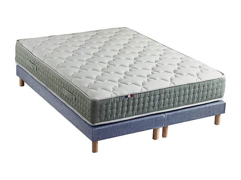 Ensemble + matelas Ressort 7 zones Face Hiver/Eté différente HYGGE Fabriqué en France Dimensions - 2x90 x 200 cm, Sommier - Bleu denim