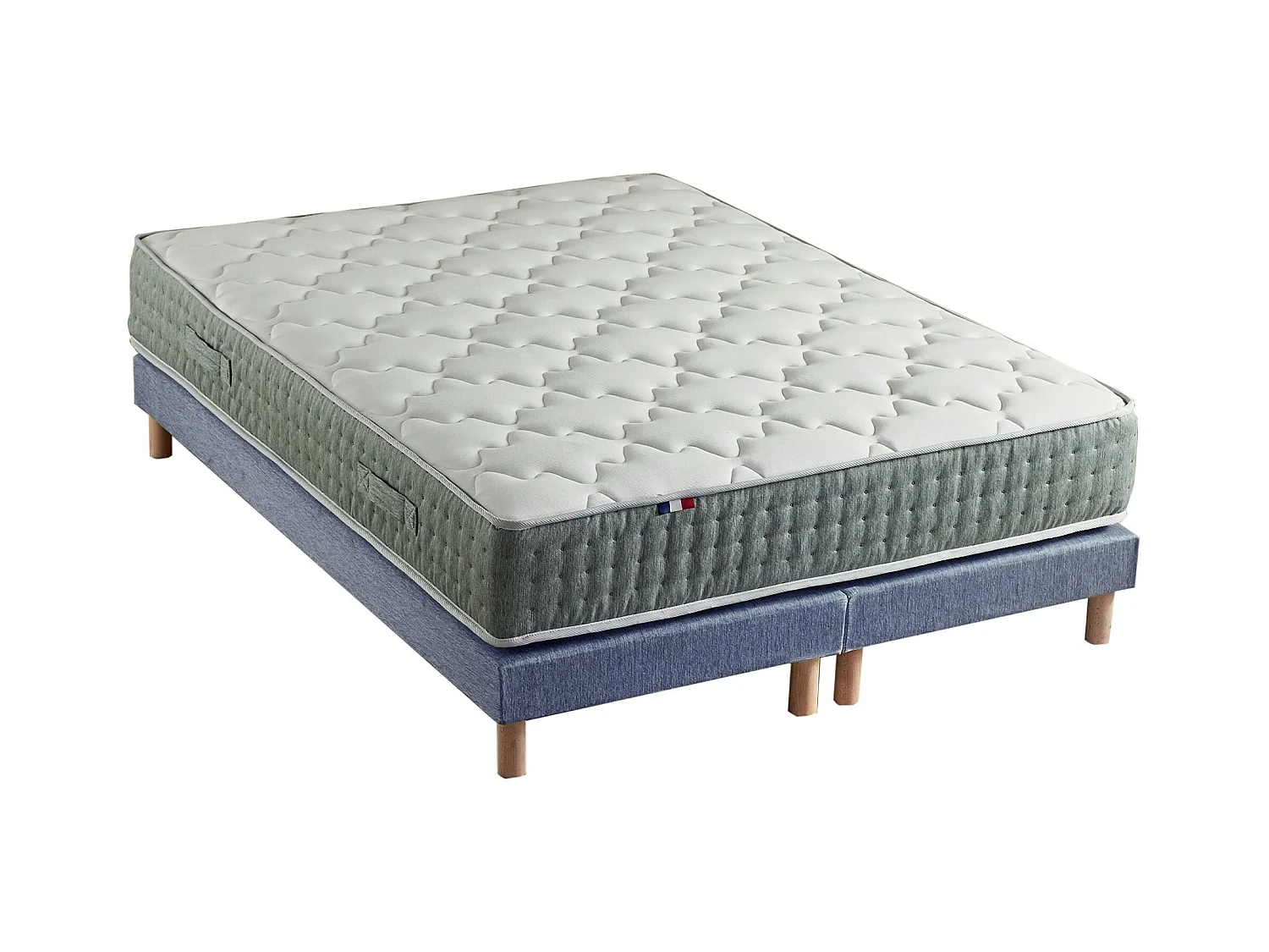 Ensemble + matelas Ressort 7 zones Face Hiver/Eté différente HYGGE Fabriqué en France Dimensions - 2x90 x 200 cm, Sommier - Bleu denim