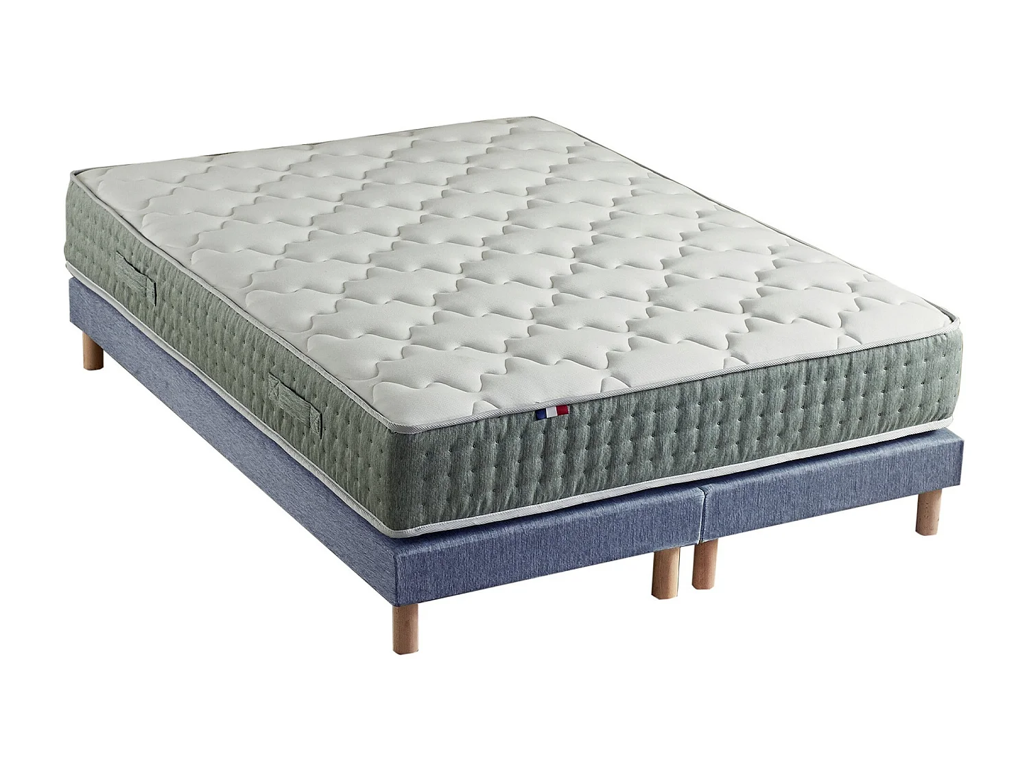 Ensemble + matelas Ressort 7 zones Face Hiver/Eté différente HYGGE Fabriqué en France Dimensions - 2x90 x 200 cm, Sommier - Bleu denim
