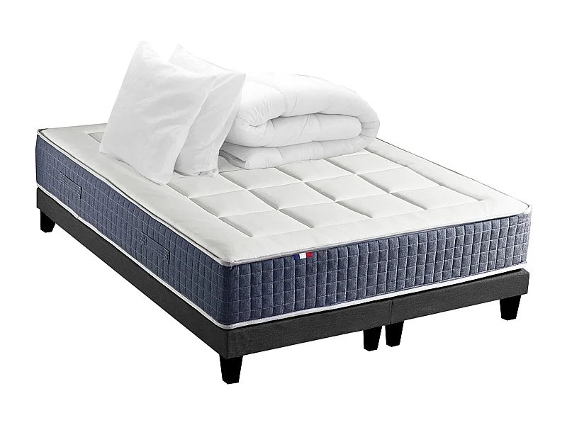 Ensemble Matelas Ressort 7 zones + Mémoire de forme + Sommier KING STYLE + couette + oreillers - Fabriqué en France Dimensions - 2x90 x 200 cm, Sommier - Noir