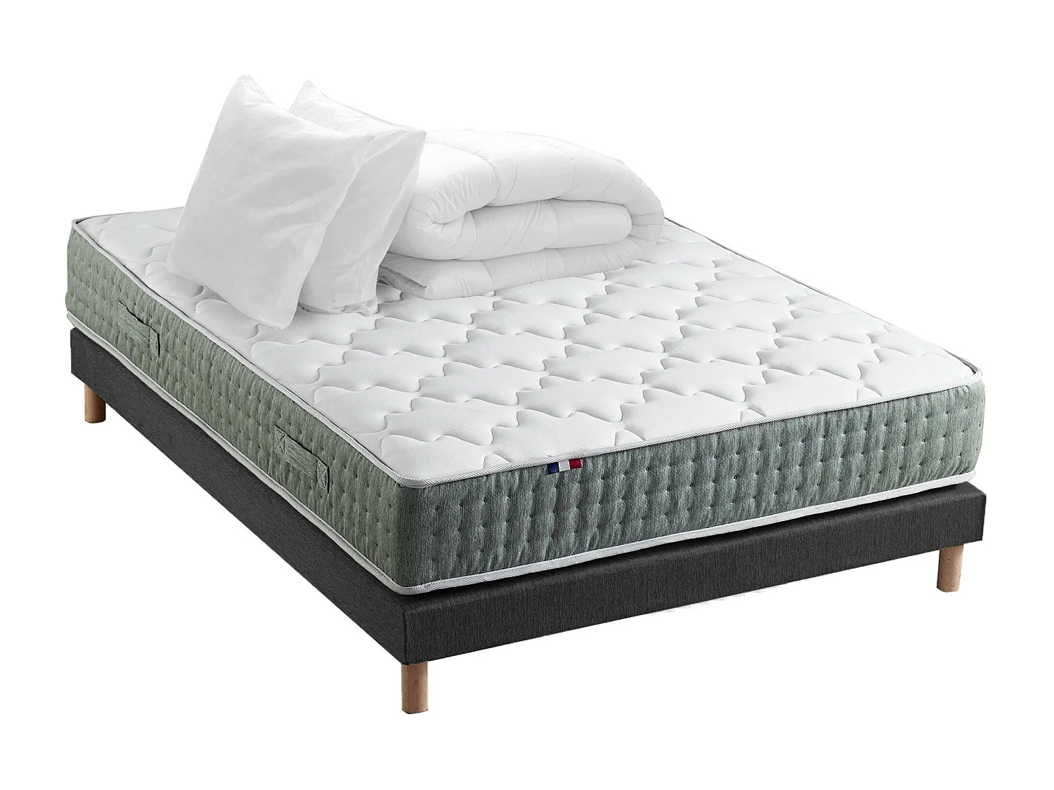 Ensemble matelas Ressort 7 zones HYGGE + Sommier + couette + oreillers Fabriqué en France Dimensions - 140 x 190 cm, Sommier - Noir