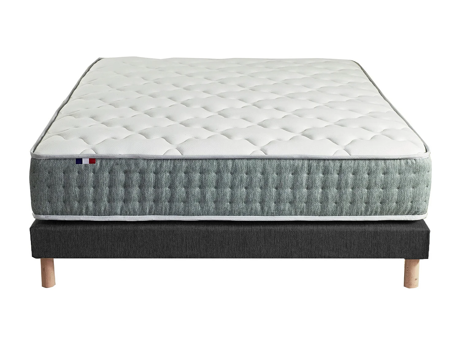 Ensemble matelas Ressort 7 zones HYGGE + Sommier + couette + oreillers Fabriqué en France Dimensions - 140 x 190 cm, Sommier - Noir