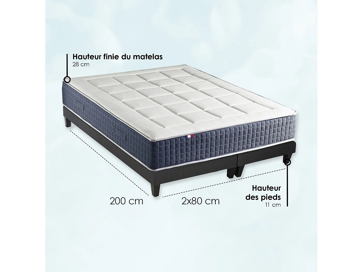 Ensemble Matelas Ressort 7 zones + Mémoire de forme + Sommier KING STYLE Fabriqué en France Dimensions - 2x80 x 200 cm, Sommier - Noir