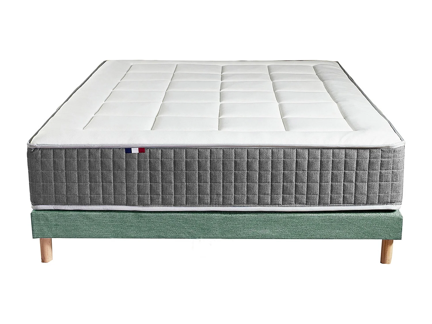 Ensemble Matelas Ressort 7 zones H.28cm + Sommier + couette + oreillers Fabriqué en France MAX Dimensions - 140 x 190 cm, Sommier - Vert celadon