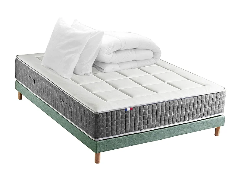 Ensemble Matelas Ressort 7 zones H.28cm + Sommier + couette + oreillers Fabriqué en France MAX Dimensions - 140 x 190 cm, Sommier - Vert celadon