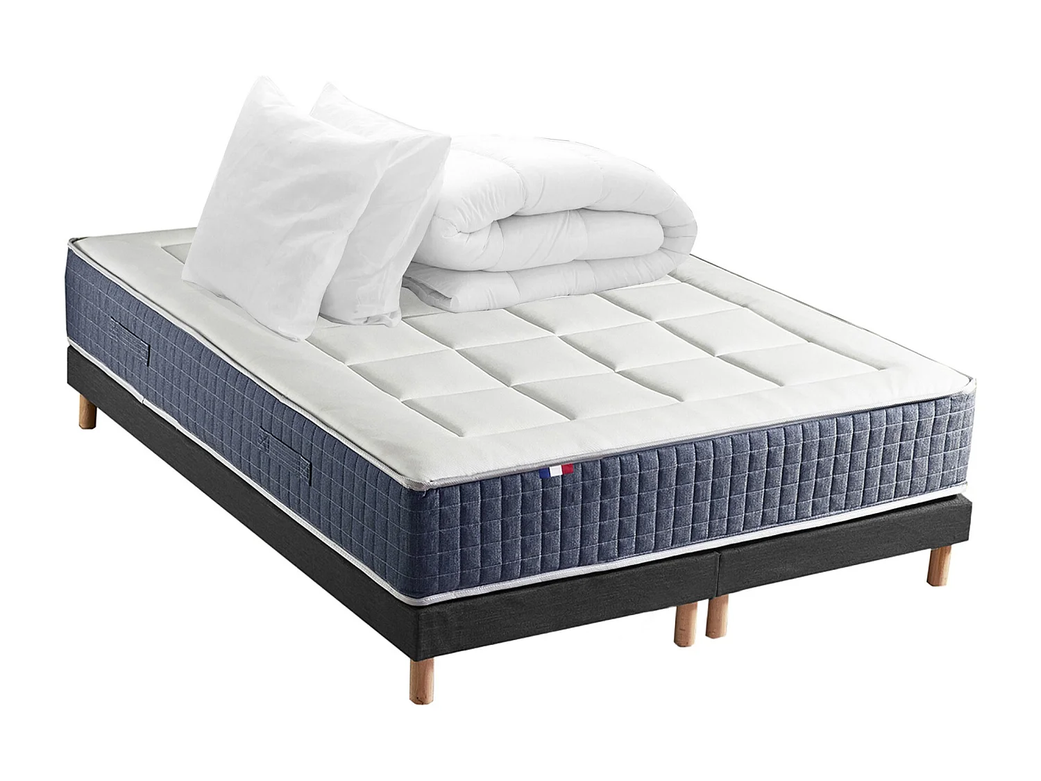 Ensemble matelas ressort 7 zones KING STYLE, mémoire de forme, sommier, couette, oreillers Dimensions - 2x90 x 200 cm, Sommier - Noir