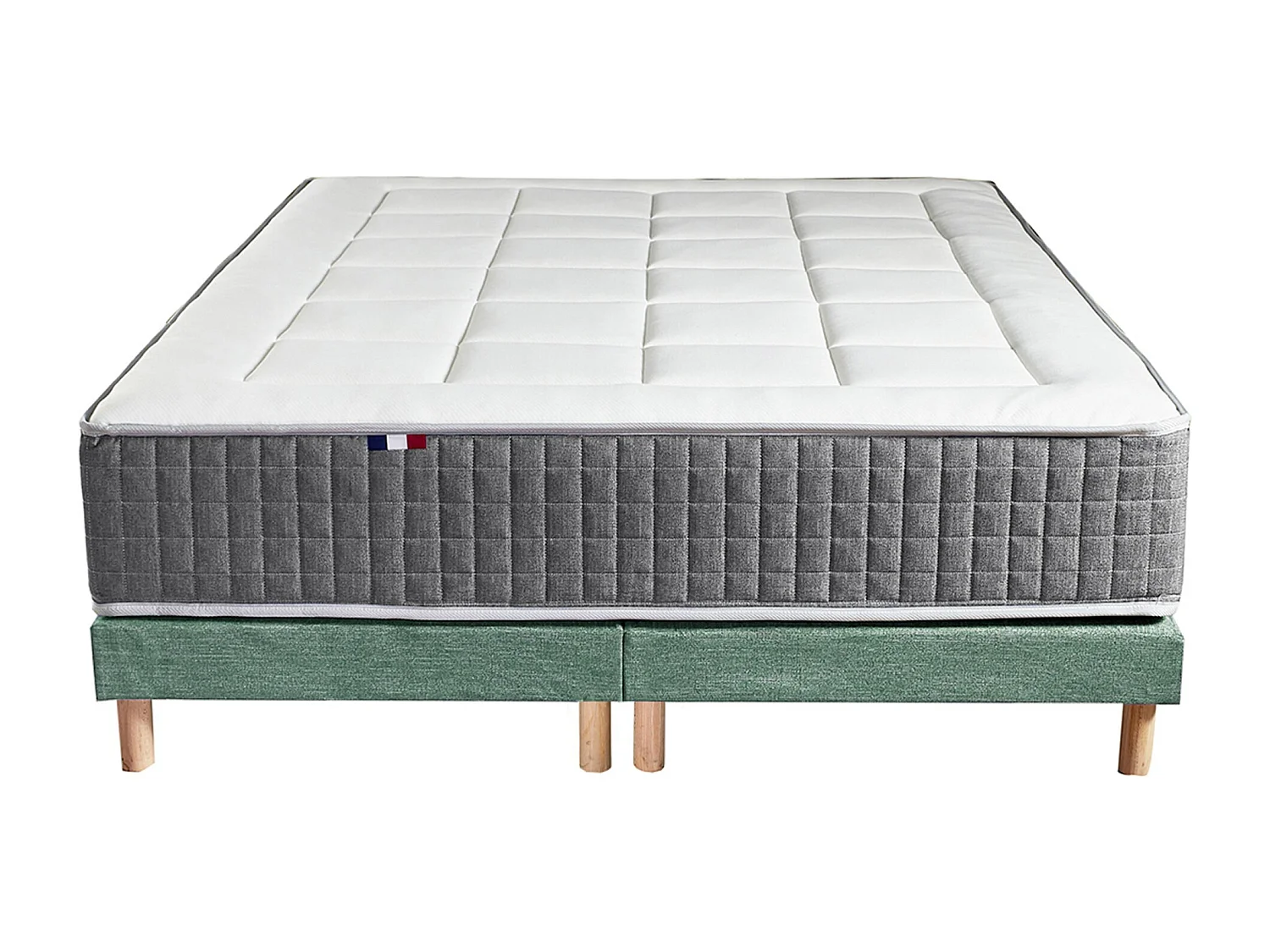 Ensemble Matelas Ressort 7 zones H.28cm + Sommier + couette + oreillers Fabriqué en France MAX Dimensions - 2x80 x 200 cm, Sommier - Vert celadon
