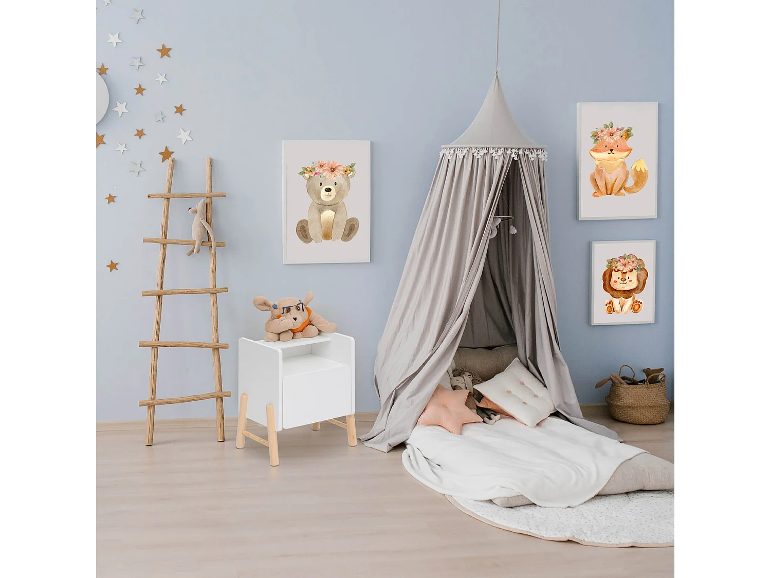 Comodino per Bambini Rebecca Mobili Kelen 49x40x30 MDF Pino Bianco Marrone