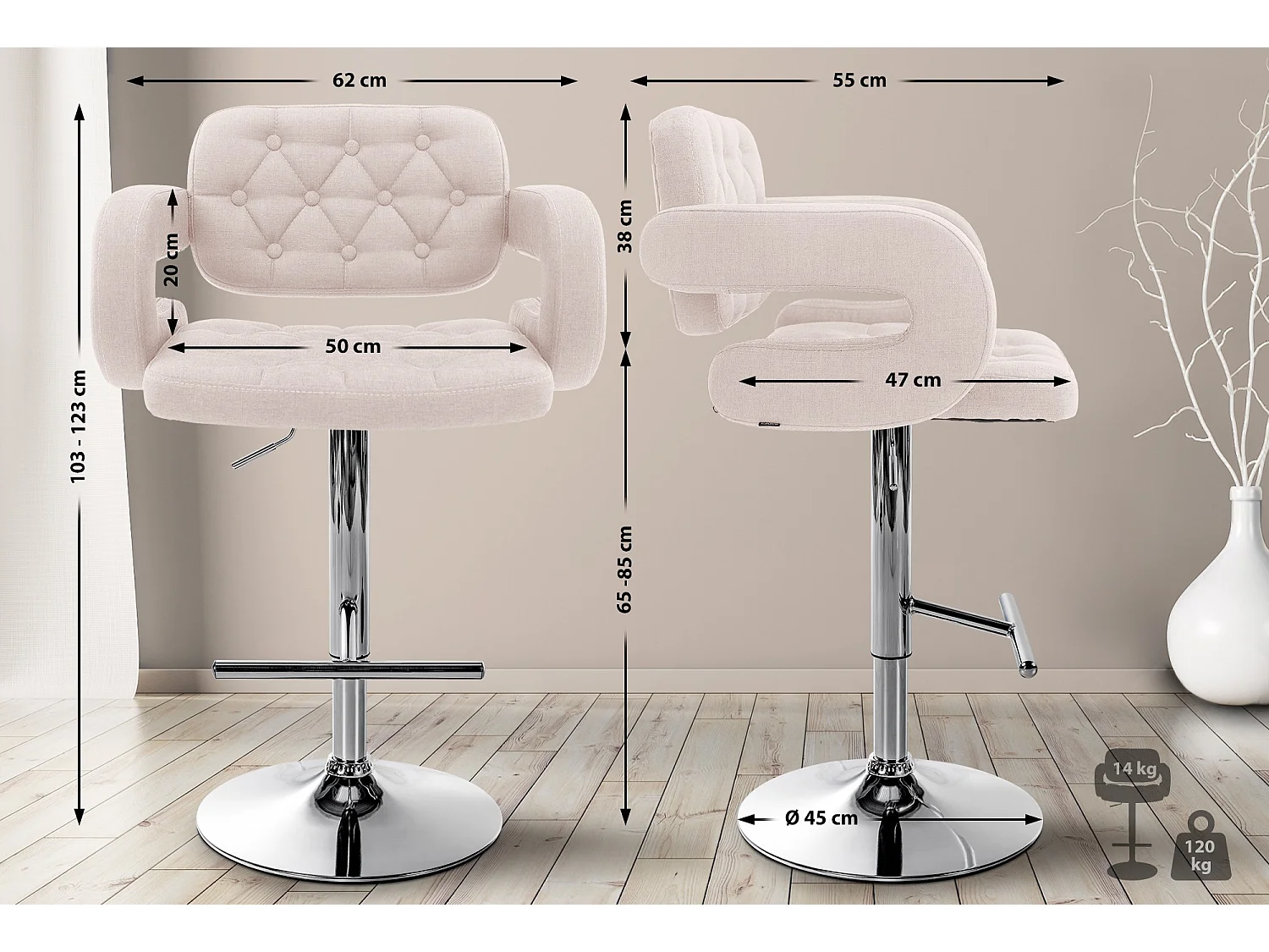 Lot de 2  Tabouret de bar - Tissu & Métal chromé - Beige - Dublin