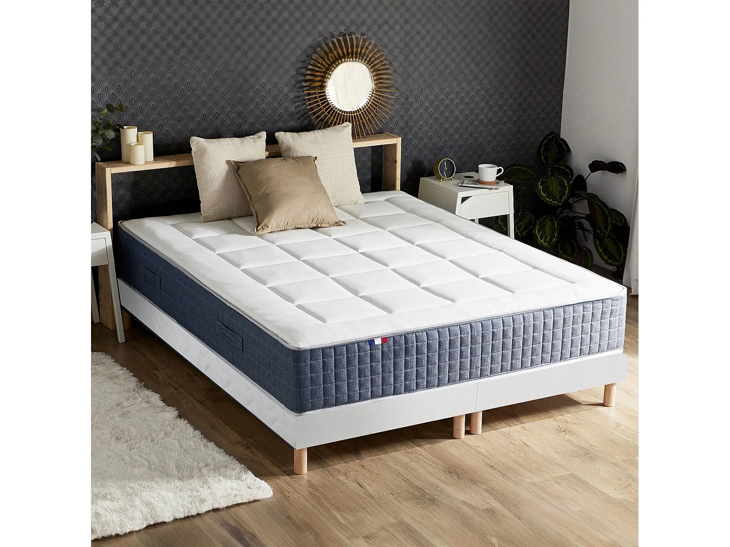 Ensemble Matelas Ressort 7 zones + Mémoire de forme + Sommier KING STYLE Fabriqué en France Dimensions - 2x90 x 200 cm, Sommier - Blanc
