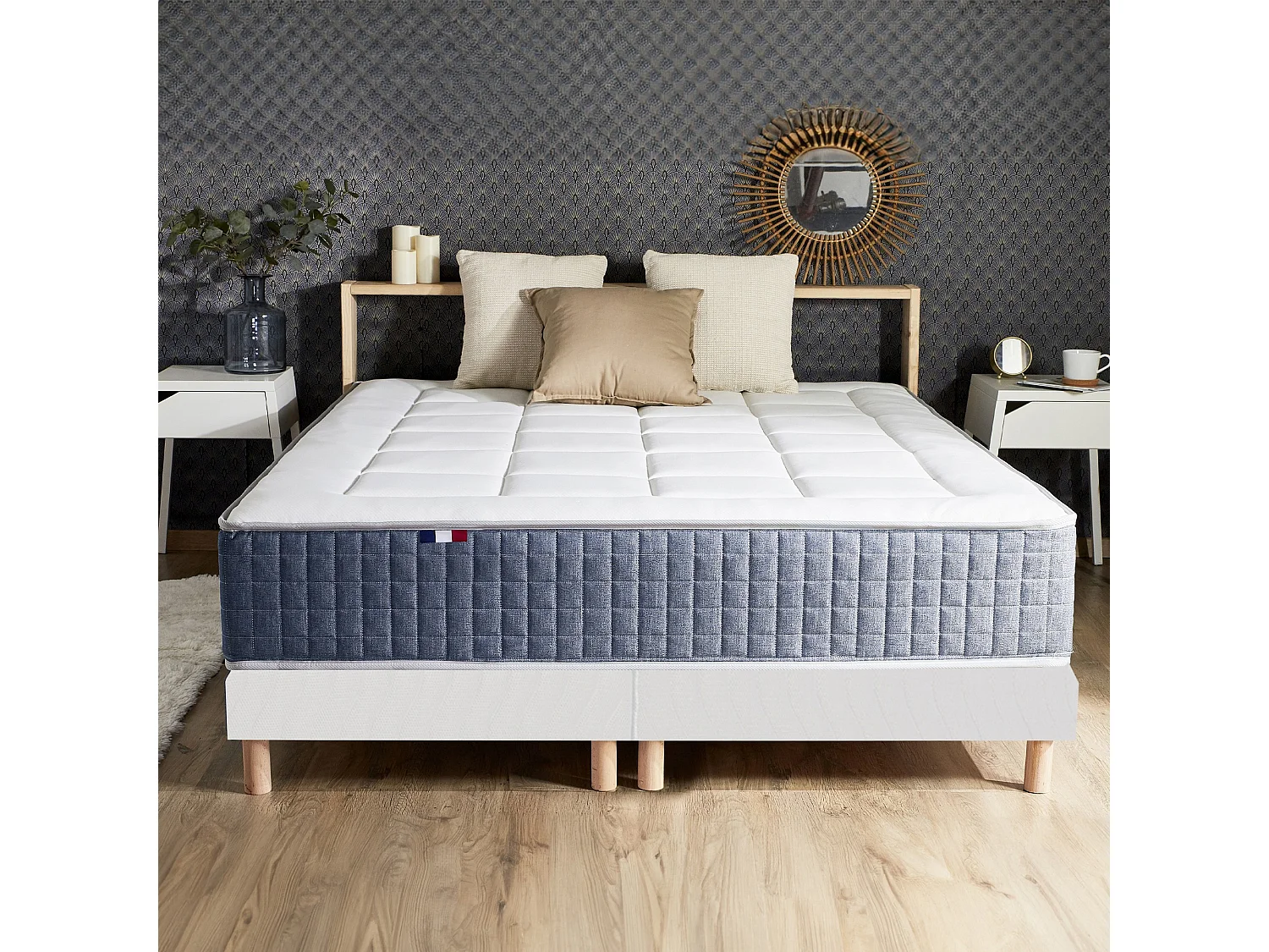 Ensemble Matelas Ressort 7 zones + Mémoire de forme + Sommier KING STYLE Fabriqué en France Dimensions - 2x90 x 200 cm, Sommier - Blanc