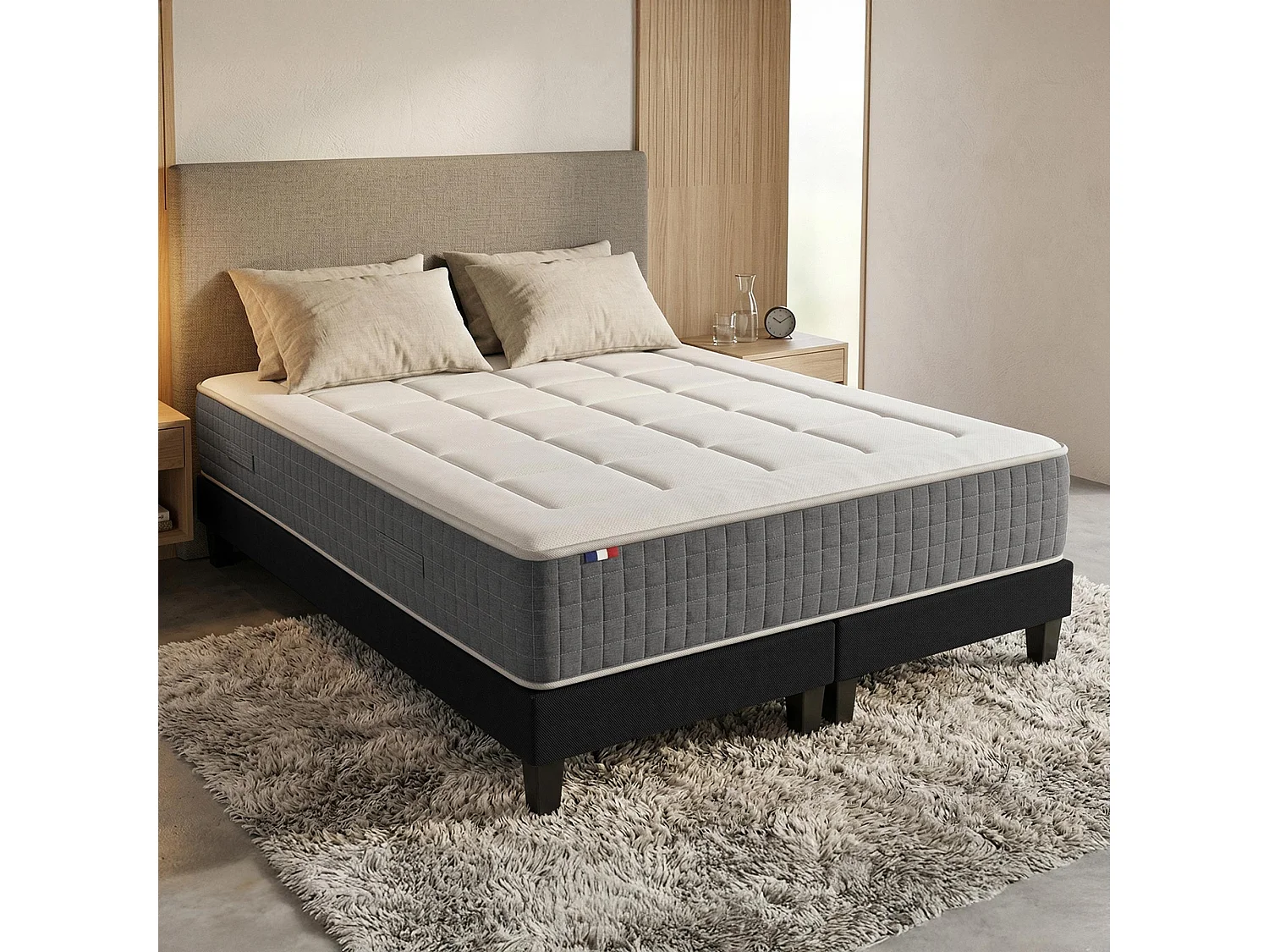 Ensemble Matelas Ressort 7 zones H.28cm + Sommier + couette + oreillers Fabriqué en France MAX Dimensions - 2x80 x 200 cm