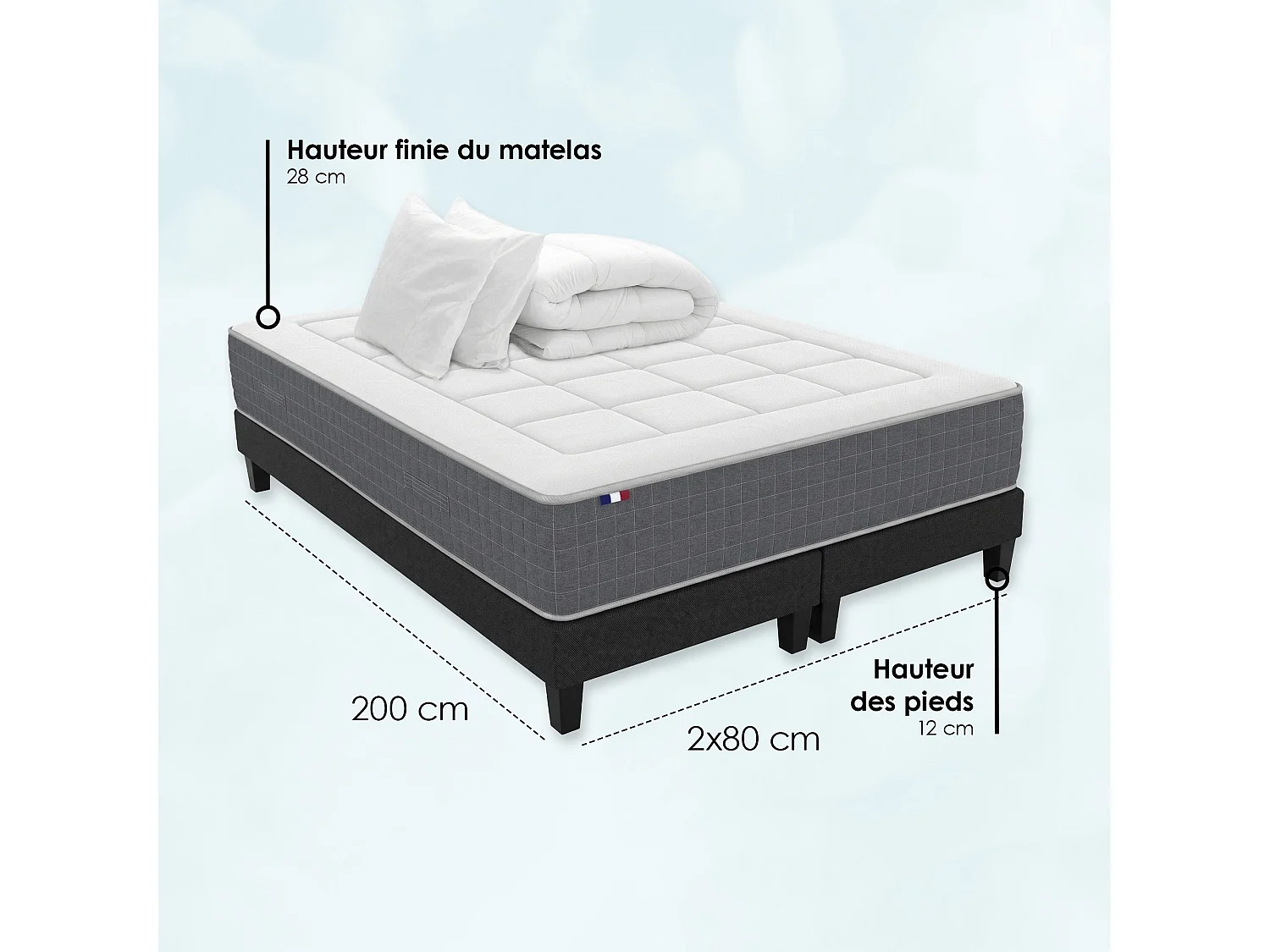 Ensemble Matelas Ressort 7 zones H.28cm + Sommier + couette + oreillers Fabriqué en France MAX Dimensions - 2x80 x 200 cm
