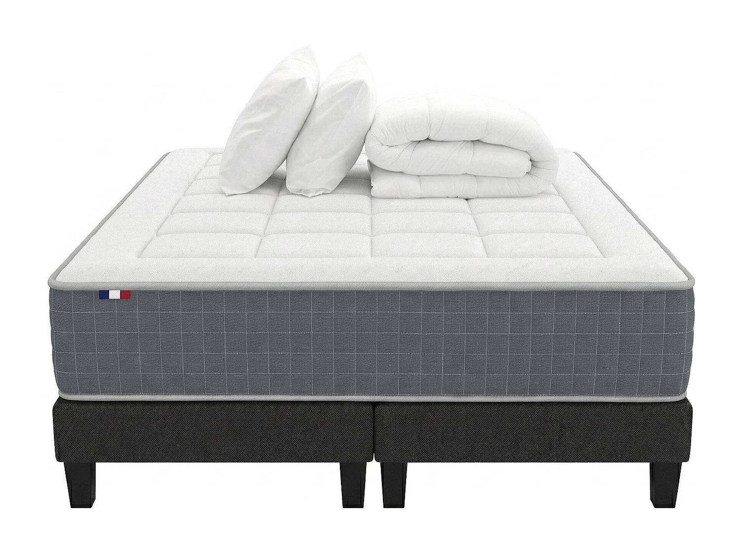 Ensemble Matelas Ressort 7 zones H.28cm + Sommier + couette + oreillers Fabriqué en France MAX Dimensions - 2x80 x 200 cm
