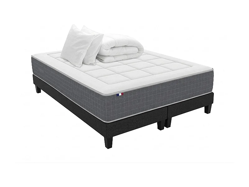 Ensemble Matelas Ressort 7 zones H.28cm + Sommier + couette + oreillers Fabriqué en France MAX Dimensions - 2x80 x 200 cm