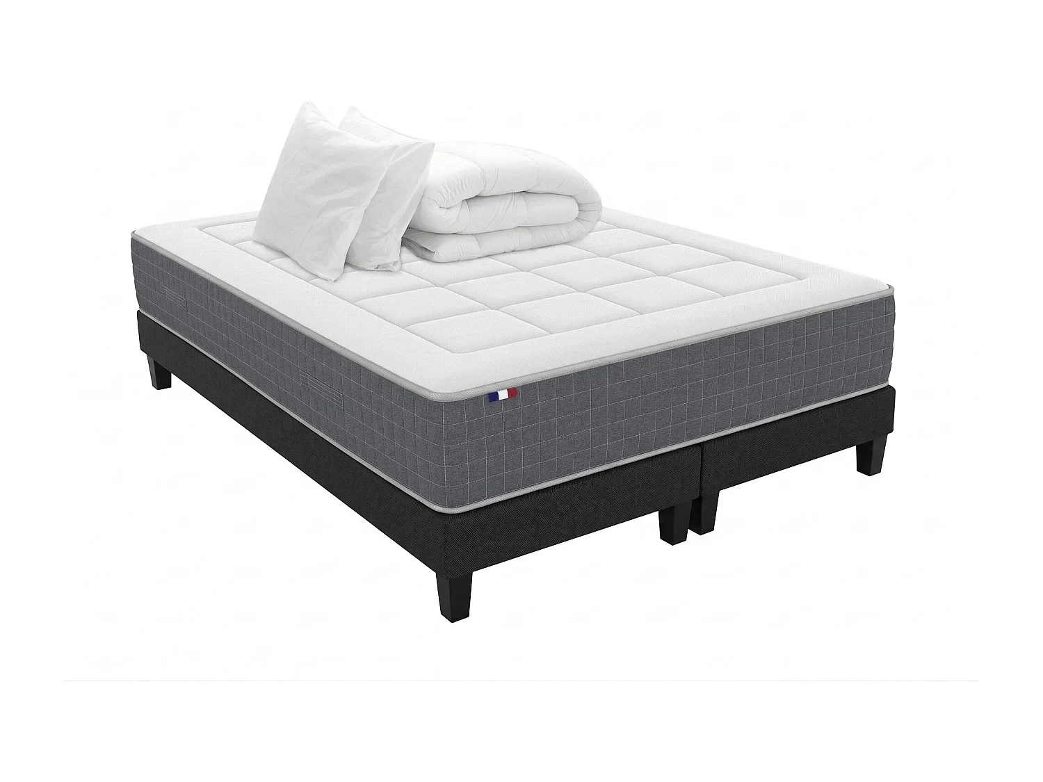 Ensemble Matelas Ressort 7 zones H.28cm + Sommier + couette + oreillers Fabriqué en France MAX Dimensions - 2x90 x 200 cm