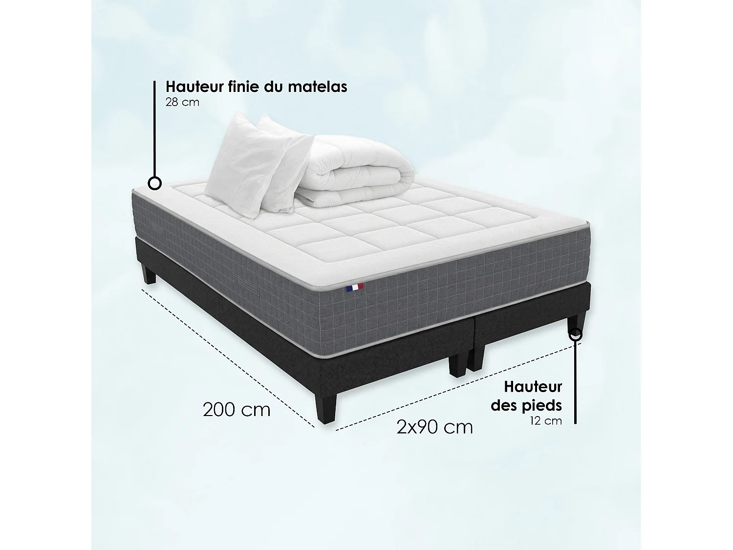 Ensemble Matelas Ressort 7 zones H.28cm + Sommier + couette + oreillers Fabriqué en France MAX Dimensions - 2x90 x 200 cm