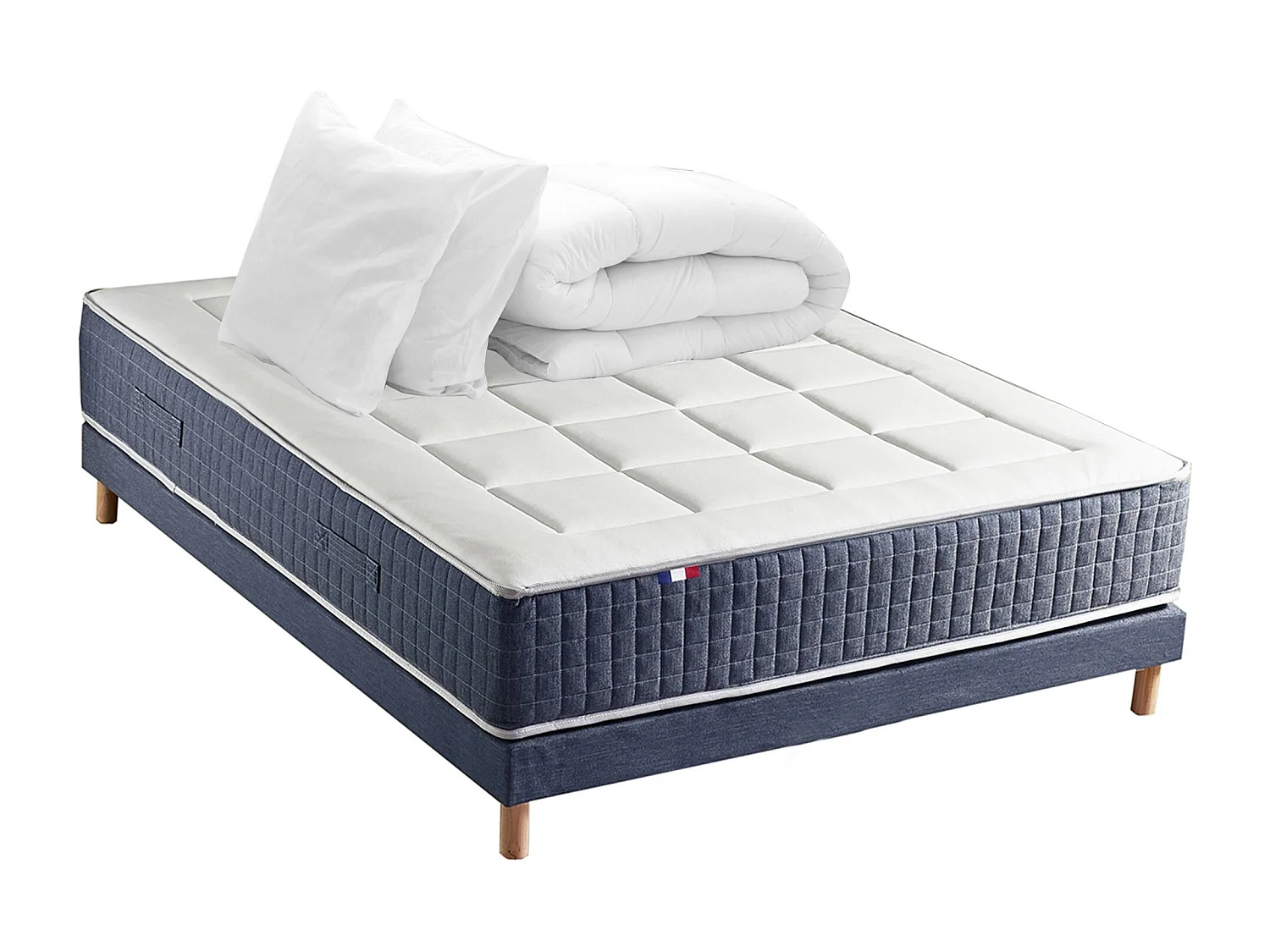 Ensemble Matelas Ressort 7 zones + Mémoire de forme + Sommier KING STYLE + couette + oreillers - Fabriqué en France Dimensions - 140 x 190 cm