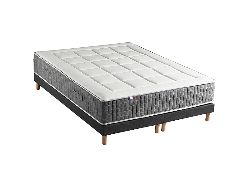 Ensemble Matelas Ressort 7 zones H.28cm + Sommier Fabriqué en France MAX Dimensions - 2x80 x 200 cm, Sommier - Noir