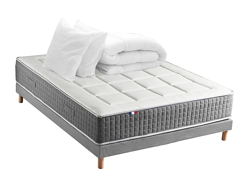 Ensemble Matelas Ressort 7 zones H.28cm + Sommier + couette + oreillers Fabriqué en France MAX Dimensions - 140 x 190 cm