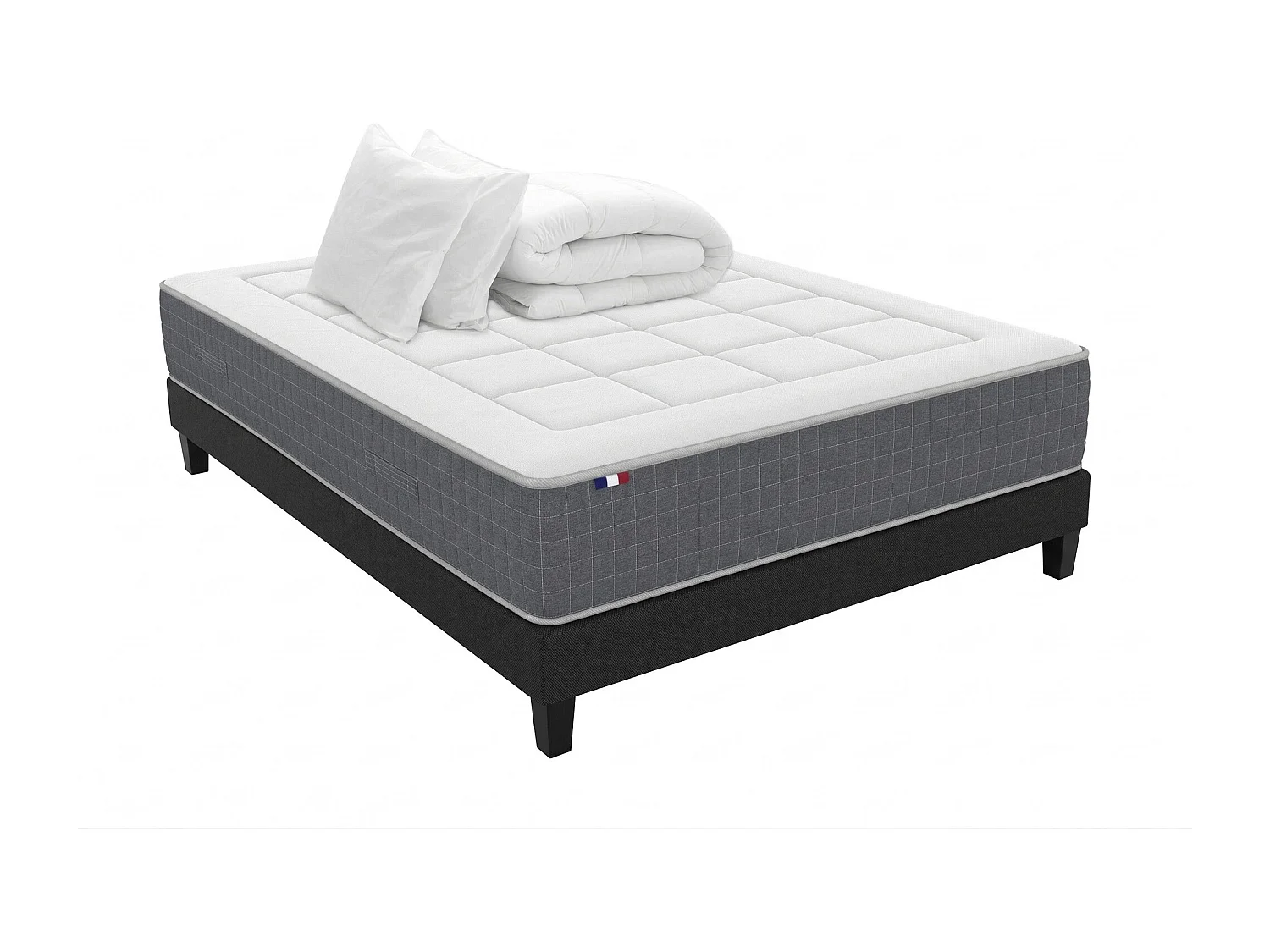 Ensemble Matelas Ressort 7 zones H.28cm + Sommier + couette + oreillers Fabriqué en France MAX Dimensions - 140 x 190 cm