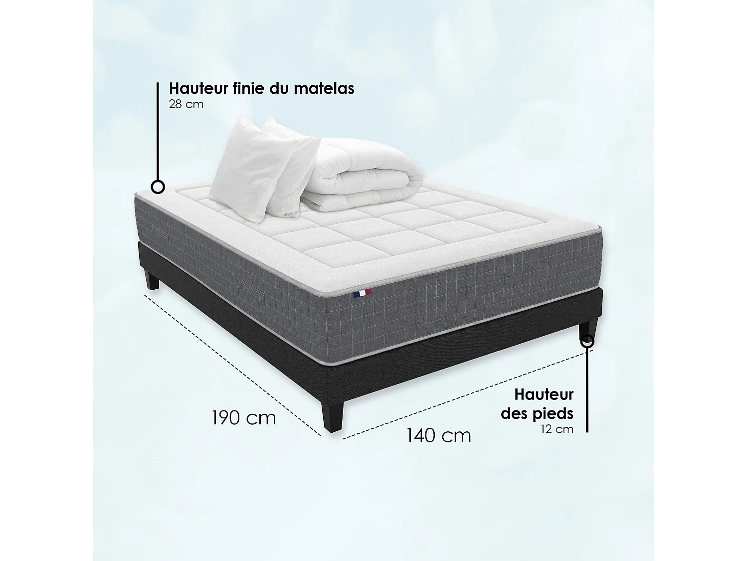 Ensemble Matelas Ressort 7 zones H.28cm + Sommier + couette + oreillers Fabriqué en France MAX Dimensions - 140 x 190 cm