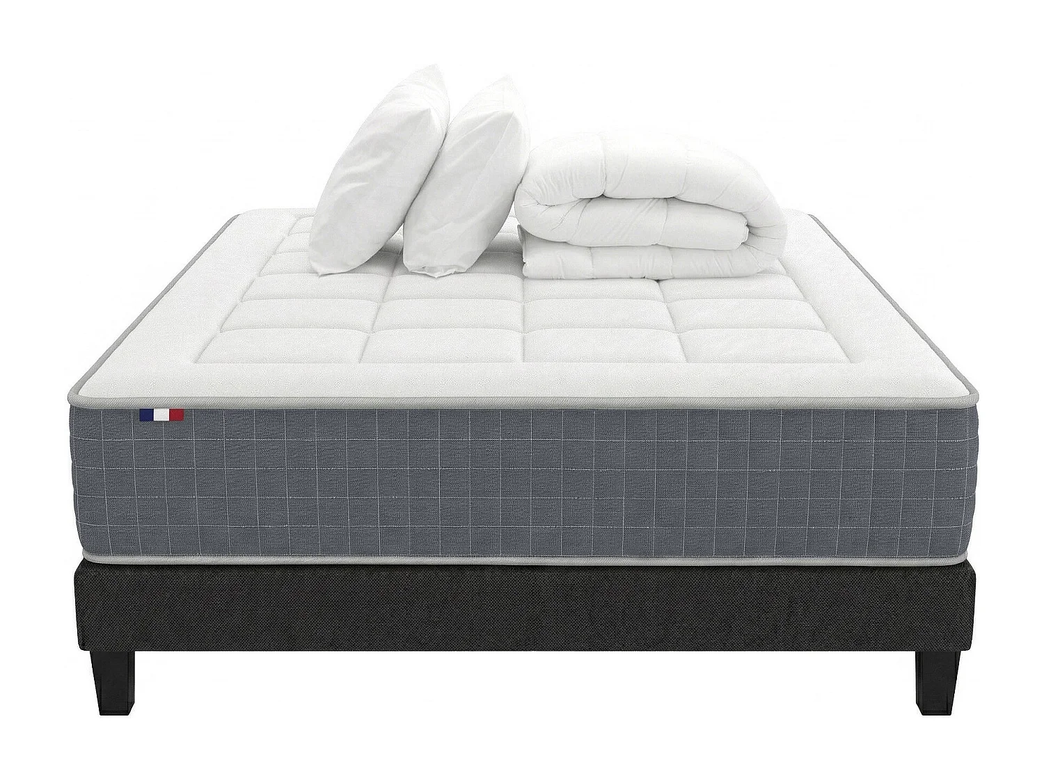 Ensemble Matelas Ressort 7 zones H.28cm + Sommier + couette + oreillers Fabriqué en France MAX Dimensions - 140 x 190 cm
