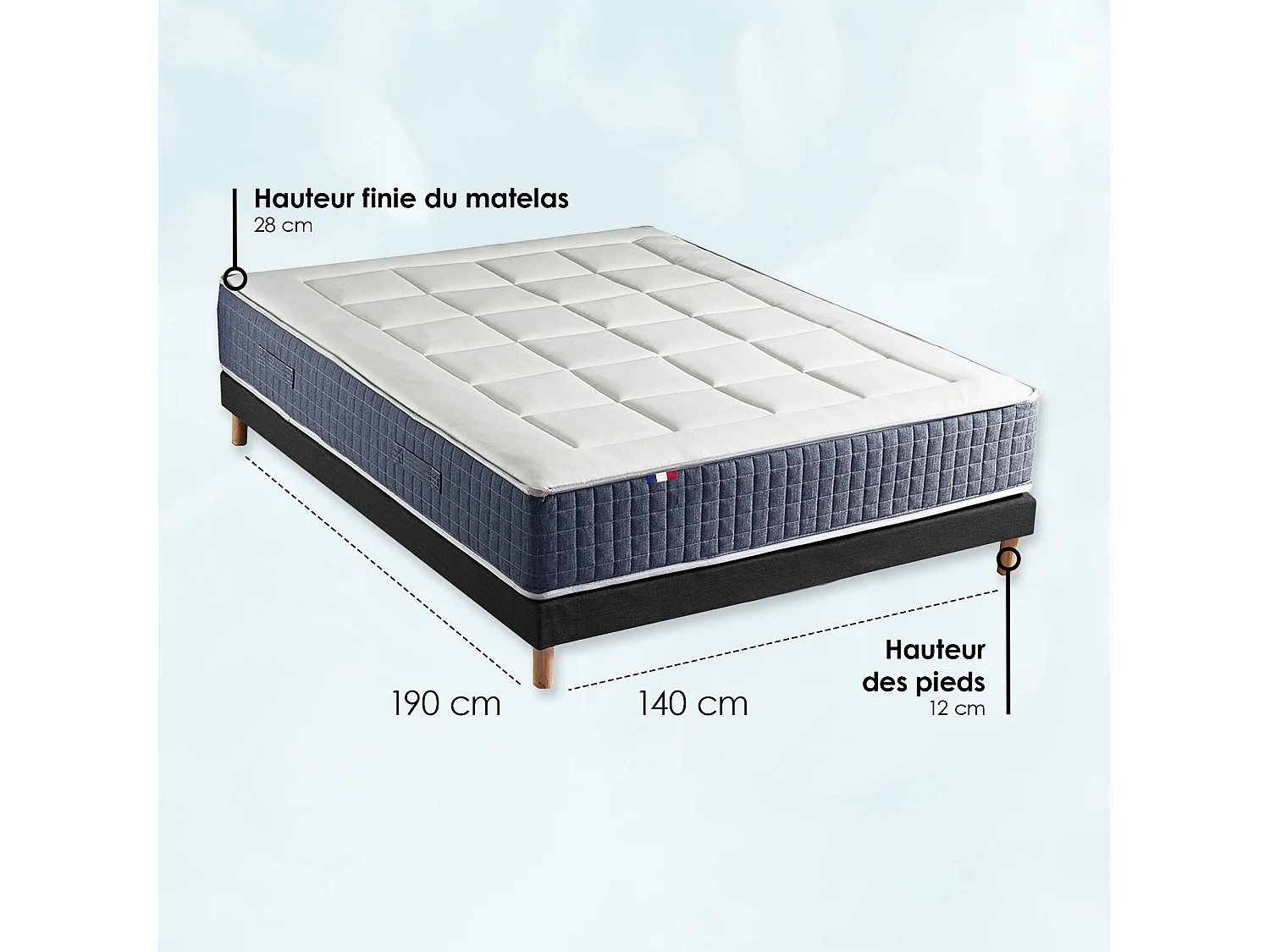 Ensemble Matelas Ressort 7 zones + Mémoire de forme + Sommier KING STYLE Fabriqué en France Dimensions - 140 x 190 cm, Sommier - Noir