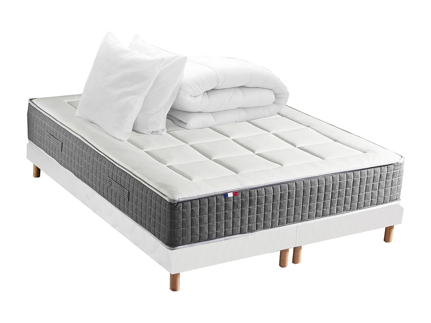 Ensemble Matelas Ressort 7 zones H.28cm + Sommier + couette + oreillers Fabriqué en France MAX Dimensions - 2x90 x 200 cm, Sommier - Blanc